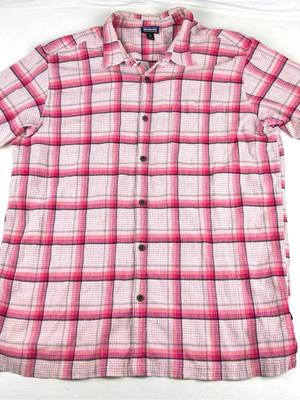 Patagonia Mens Button Front Shirt Sz XL Organic Cotton Plaid Pink White